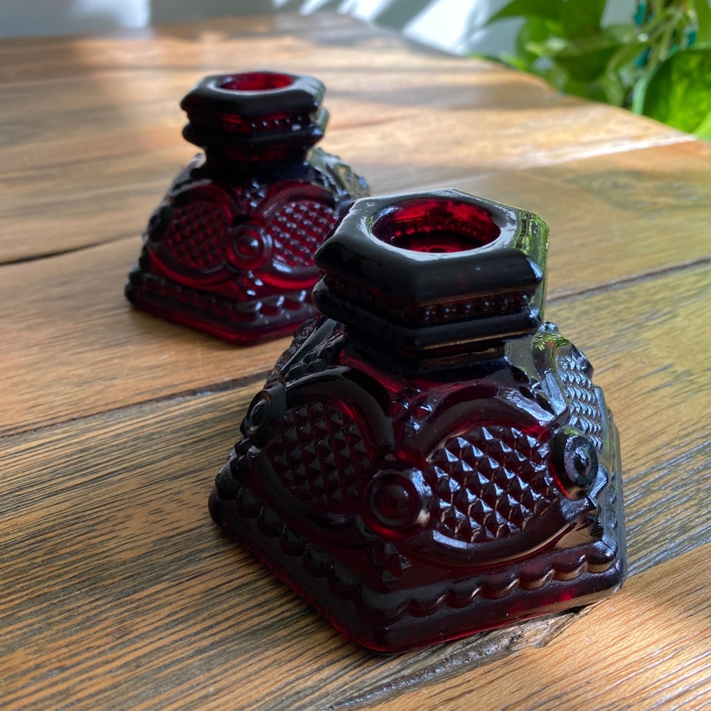 Avon 1876 Cape Cod Ruby Red - TAPER CANDLE HOLDERS